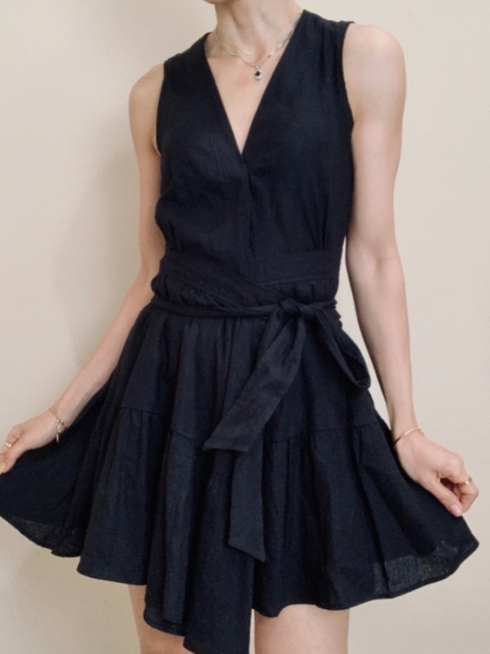 Christian Lacroix Black Sleeveless V-Neck Tie-Waist Mini Dress